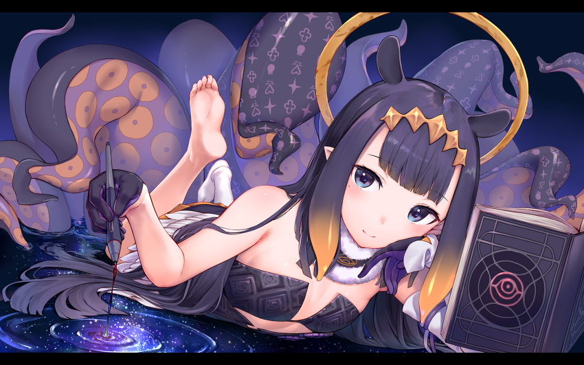 1girl ao-chan_(ninomae_ina'nis) bangs barefoot black_gloves book detached_sleeves eyebrows_visible_through_hair flat_chest gloves halo highres hinasaki_you holding holding_pen hololive hololive_english lying mole mole_under_eye monogram ninomae_ina'nis on_stomach pen single_detached_sleeve single_thighhigh smile soles solo space star_(sky) tentacle_hair tentacles thigh-highs virtual_youtuber