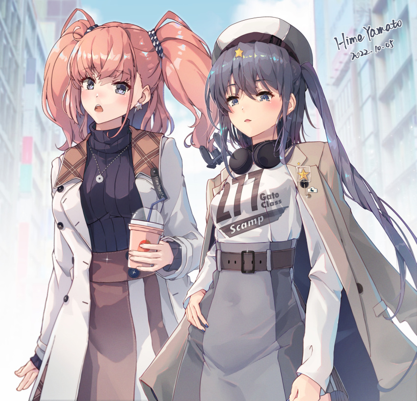 2girls alternate_costume artist_name atlanta_(kancolle) black_hair blush brown_hair clothes_writing coat dated drink drinking_straw earrings grey_eyes hair_between_eyes hat highres himeyamato holding holding_drink jewelry kantai_collection long_hair long_sleeves multiple_girls open_clothes open_coat open_mouth scamp_(kancolle) signature single_earring star_(symbol) star_earrings two_side_up white_coat white_headwear