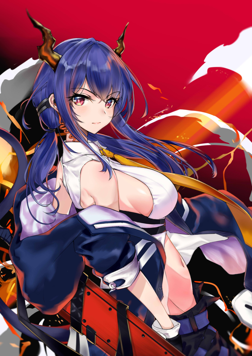 1girl arknights bangs bare_shoulders belt black_background black_gloves blue_hair blue_jacket blush breasts ch'en_(arknights) dragon_horns dragon_tail eyebrows_visible_through_hair gloves gradient gradient_background groin highres horns jacket kakeru_(kakeru) large_breasts long_hair looking_at_viewer navel necktie off_shoulder open_clothes open_jacket red_background revision shirt sideboob sidelocks sleeveless sleeveless_shirt solo tail twintails upper_body white_shirt yellow_eyes yellow_neckwear