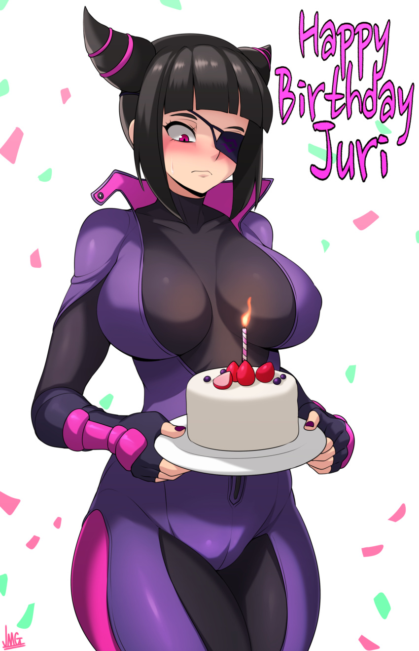 1girl birthday birthday_cake black_bodysuit black_eyepatch black_hair blush bodysuit breasts cake commentary desert drill_hair english_commentary expressionless eyepatch fingerless_gloves food fruit gloves han_juri highres holding holding_plate jmg large_breasts one-eyed pink_eyes plate purple_bodysuit purple_nails sidelocks strawberry street_fighter street_fighter_v thighs twin_drills white_background