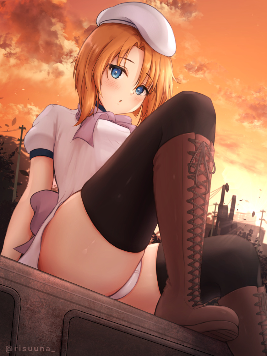 1girl beret black_legwear blue_eyes blush boots bow bowtie breasts brown_footwear commentary_request cross-laced_footwear dress from_below hat highres higurashi_no_naku_koro_ni knee_boots knee_up krisyyy looking_at_viewer looking_down medium_breasts medium_hair open_mouth orange_hair outdoors panties parted_lips purple_bow ryuuguu_rena skindentation solo sunset thigh-highs thighs underwear upskirt white_dress white_headwear white_panties