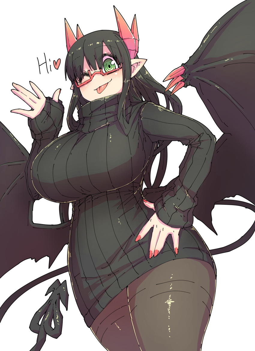 1girl absurdres black_hair black_sweater black_tail black_wings breasts curvy demon_girl demon_horns demon_tail demon_wings dress english_text glasses green_eyes heart highres horns huge_breasts juugoya_(zyugoya) long_hair merii_(mazohaha) musuko_ga_kawaikute_shikatanai_mazoku_no_hahaoya one_eye_closed pantyhose pointy_ears red-framed_eyewear red_horns ribbed_sweater sweater sweater_dress tail thick_thighs thighs tongue white_background wings