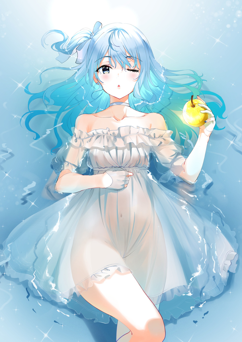 1girl absurdres alternate_costume apple blue_eyes blue_hair blue_nails bow choker cowboy_shot day dress eyelashes floating floating_hair food fruit gloves golden_apple hair_bow hand_on_own_chest highres holding holding_food holding_fruit hololive hoshimachi_suisei in_water long_hair looking_at_viewer lying nail_polish navel nonbire on_back one_eye_closed outdoors parted_lips partially_fingerless_gloves semi-transparent solo sparkle strapless strapless_dress thighs virtual_youtuber wavy_hair white_dress white_gloves