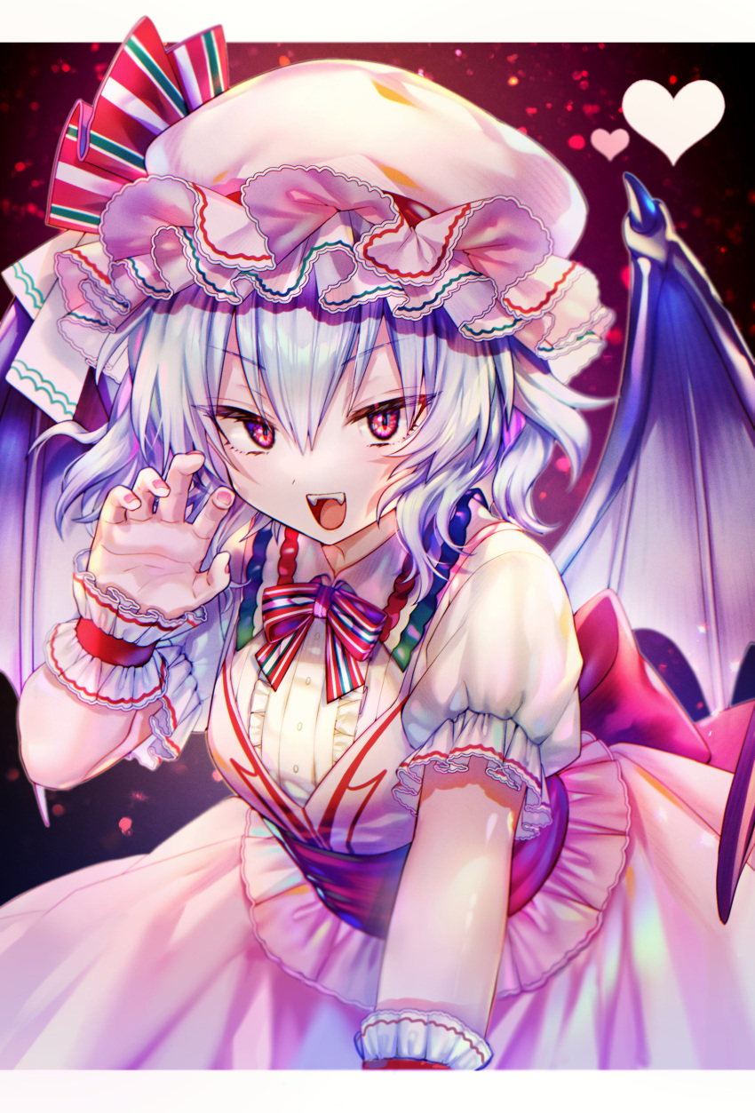 1girl :d absurdres back_bow bat_wings bow bowtie breasts center_frills claw_pose dress eyebrows_visible_through_hair fangs frills hair_between_eyes hand_up hat hat_bow heart here_(hr_rz_ggg) highres leaning_forward letterboxed looking_at_viewer medium_breasts mob_cap multicolored_bow open_mouth outside_border pink_dress pink_eyes pink_headwear pink_nails puffy_short_sleeves puffy_sleeves purple_hair red_bow red_sash remilia_scarlet sash short_hair short_sleeves smile solo touhou tsurime v-shaped_eyebrows wavy_hair wings wrist_cuffs