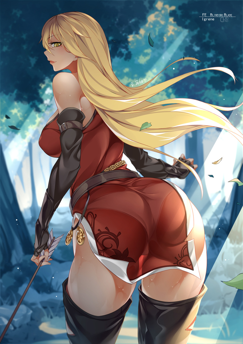 1girl absurdres arrow_(projectile) artist_name ass bare_shoulders black_legwear blonde_hair character_name commission copyright_name d._joko dark_skin dress fire_emblem fire_emblem:_the_binding_blade forest highres igrene_(fire_emblem) leaf long_hair looking_at_viewer looking_back mole mole_under_eye nature outdoors panties pantylines red_dress short_dress side_slit smile solo tan underwear white_panties yellow_eyes