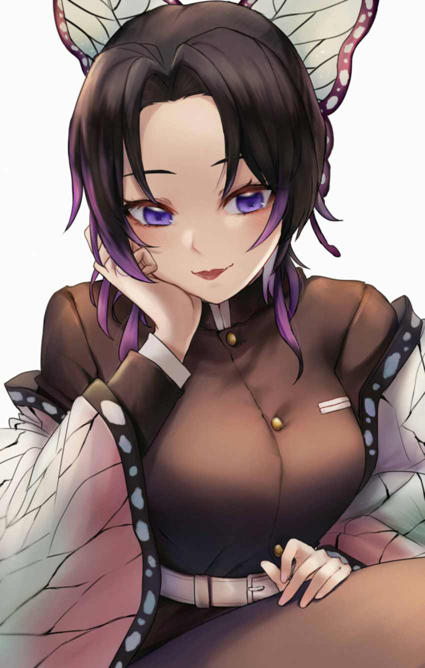 1girl absurdres bangs belt black_hair breasts butterfly_hair_ornament gradient_hair hair_ornament hand_on_own_face hand_on_own_thigh highres kimetsu_no_yaiba kochou_shinobu large_breasts looking_down miyayosh multicolored_hair off_shoulder parted_bangs purple_hair red_lips smile solo tied_hair white_background white_belt