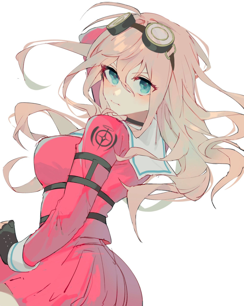 1girl ahoge bangs black_choker black_gloves blonde_hair blue_eyes blush breasts choker closed_mouth cowboy_shot danganronpa_(series) danganronpa_v3:_killing_harmony fingerless_gloves from_side gloves goggles goggles_on_head green_eyes highres iruma_miu large_breasts long_hair long_sleeves nemari_(nemaru_0907) pink_shirt pink_skirt sailor_collar shirt simple_background skirt white_background white_sailor_collar