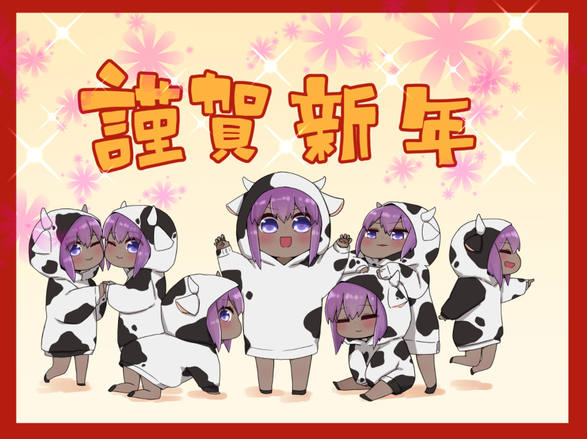 6+girls :d ;) all_fours animal_ears animal_print bangs blush border brown_background chinese_zodiac closed_eyes closed_mouth commentary_request cow_ears cow_horns cow_print dark_skin eyebrows_visible_through_hair fake_animal_ears fake_horns fate/prototype fate/prototype:_fragments_of_blue_and_silver fate_(series) floral_background hair_between_eyes hands_up hassan_of_serenity_(fate) hood hood_up hoodie horns i.u.y long_sleeves multiple_girls multiple_persona one_eye_closed open_mouth parted_lips print_hoodie profile puffy_long_sleeves puffy_sleeves purple_hair red_border shadow sitting sleeves_past_wrists smile sparkle_background standing translation_request v-shaped_eyebrows violet_eyes white_hoodie year_of_the_ox