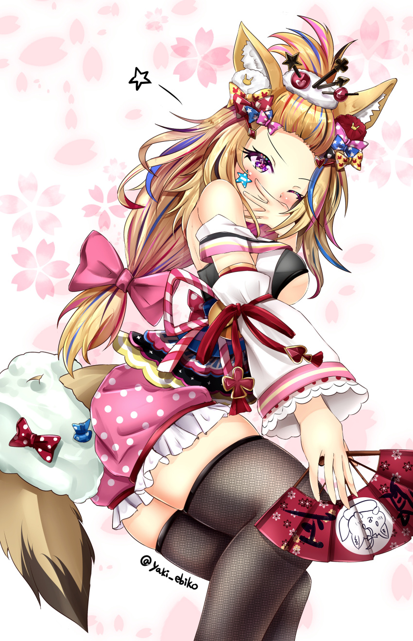 1girl absurdres bandeau bangs_pinned_back blonde_hair bow breasts cherry_blossoms covering_mouth detached_sleeves eyelashes fan fishnet_legwear fishnets floral_background folding_fan fox_tail from_below hair_bow highres holding holding_fan hololive japanese_clothes kimono large_breasts long_hair looking_at_viewer low_tied_hair mr_lobster multicolored_hair obi omaru_polka one_eye_closed pink_background pink_bow polka_dot polka_dot_shorts sash shorts skindentation sleeveless sleeveless_kimono solo spoken_star star_(symbol) streaked_hair tail thick_thighs thigh-highs thighs twitter_username under_boob very_long_hair violet_eyes zettai_ryouiki