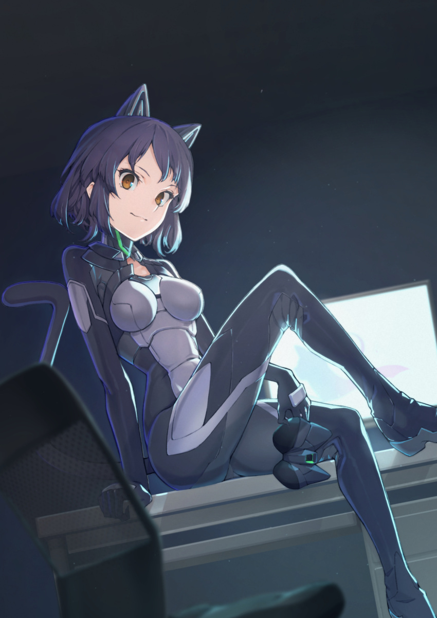 1girl alice_gear_aegis animal_ears black_hair bodysuit breasts brown_eyes cat_ears cat_tail character_request fake_animal_ears highres holding holding_mask keith8387 looking_at_viewer looking_down mask mechanical_ears medium_breasts science_fiction short_hair sitting smile solo tail