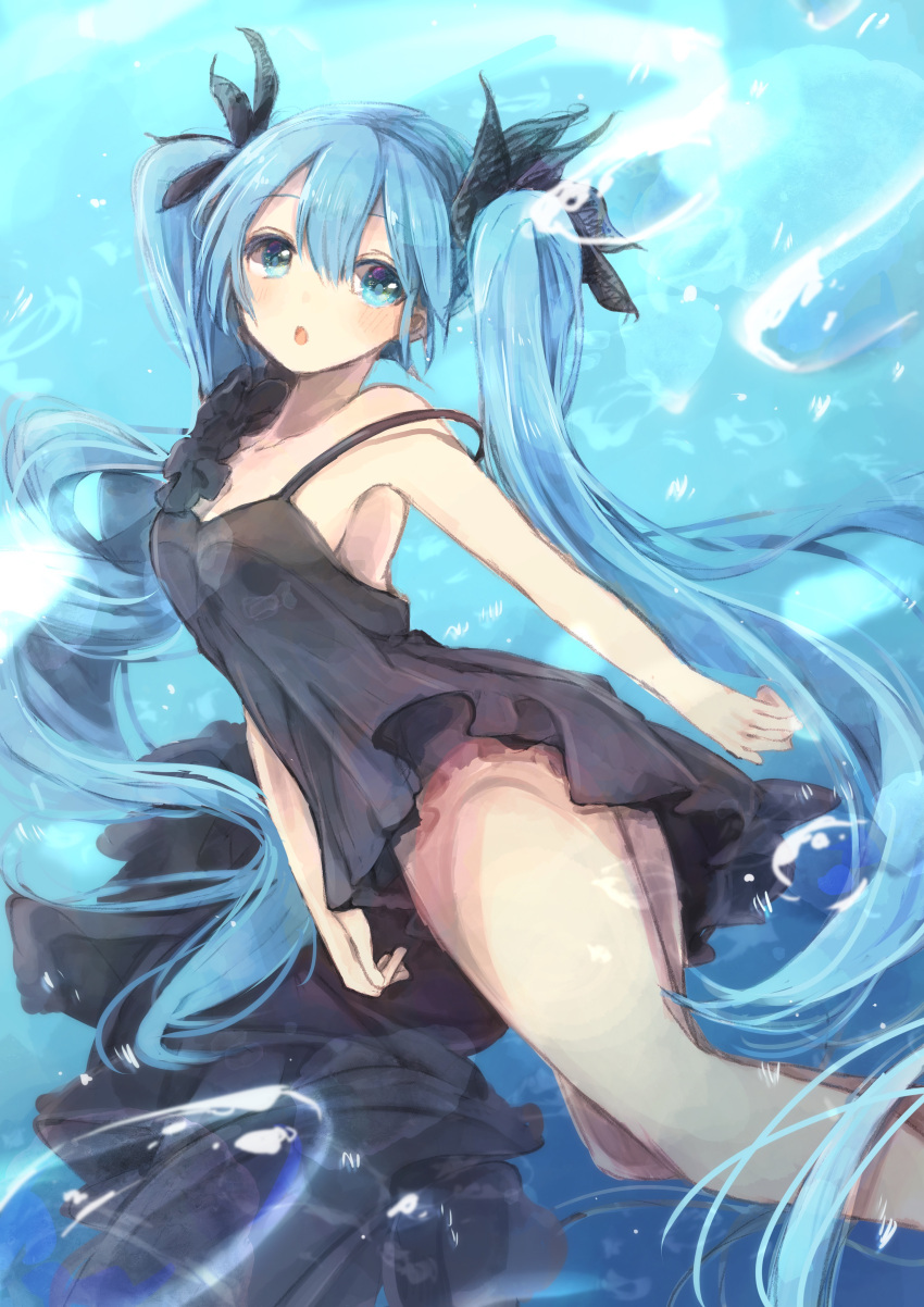 1girl absurdres bare_shoulders black_bow black_dress blue_eyes blue_hair bow breasts bubble commentary dress feet_out_of_frame hair_bow hatsune_miku highres long_hair open_mouth shinkai_shoujo_(vocaloid) sideboob solo spaghetti_strap twintails underwater very_long_hair vocaloid yuirinex