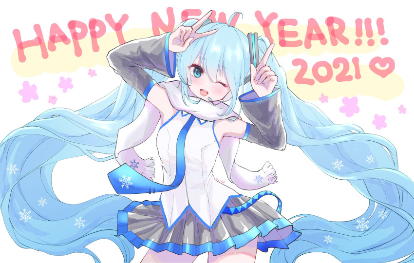 1girl 2021 ahoge bare_shoulders blue_neckwear cherry_blossoms commentary contrapposto cowboy_shot detached_sleeves earmuffs grey_skirt grey_sleeves hair_ornament hands_up happy_new_year hatsune_miku heart highres index_finger_raised katorea light_blue_eyes light_blue_hair long_hair looking_at_viewer miniskirt new_year open_mouth pleated_skirt scarf shirt skirt sleeveless sleeveless_shirt smile snowflake_print twintails v very_long_hair vocaloid white_background white_scarf white_shirt yuki_miku yuki_miku_(2011)