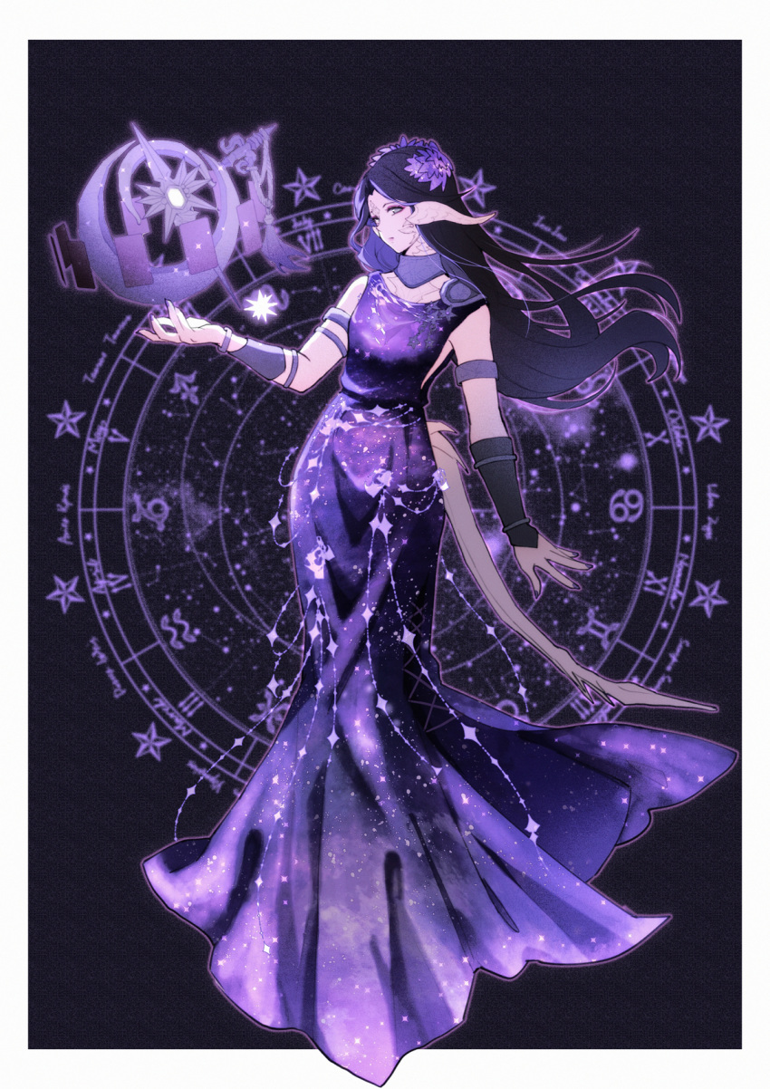 1girl armlet astrologian_(final_fantasy) au_ra black_hair border bracer card dragon_horns dragon_tail final_fantasy final_fantasy_xiv forehead full_body highres horns laurel_crown long_hair lyra-kotto scales sleeveless solo tail violet_eyes white_border