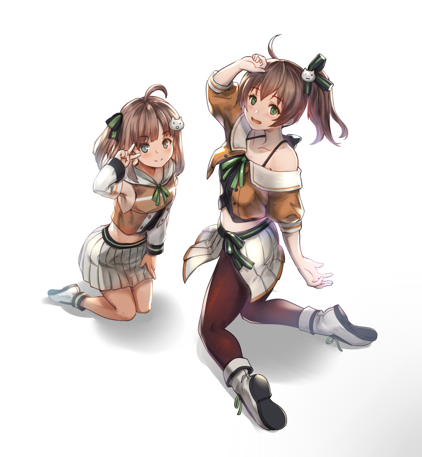 2girls absurdres ahoge ankle_boots arm_over_head boots brown_legwear cat_hair_ornament detached_sleeves green_eyes hair_ornament hair_ribbon highres hololive hood hoodie knee_boots kneeling long_hair looking_at_viewer looking_back ma_matsuri mother_and_daughter multiple_girls natsuiro_matsuri noir_socery777 one_side_up open_mouth pantyhose ribbon shirt side_ponytail simple_background size_difference skirt sleeveless sleeveless_hoodie smile spaghetti_strap thighs v v_over_eye virtual_youtuber white_background white_skirt yellow_shirt