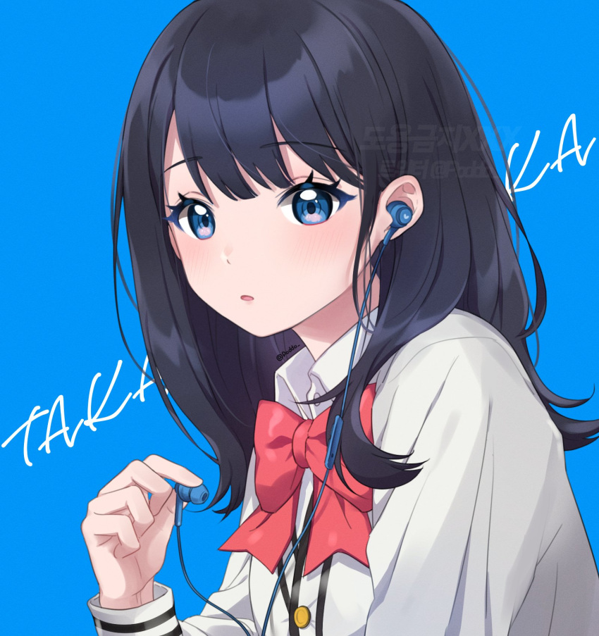 1girl arm_at_side bangs black_hair blue_background blue_eyes blush bow bowtie cardigan character_name collared_shirt commentary_request earphones face hand_up highres holding holding_earphones long_hair long_sleeves looking_at_viewer open_mouth poddo_(potto) portrait red_bow shirt simple_background solo ssss.gridman takarada_rikka upper_body watermark white_shirt