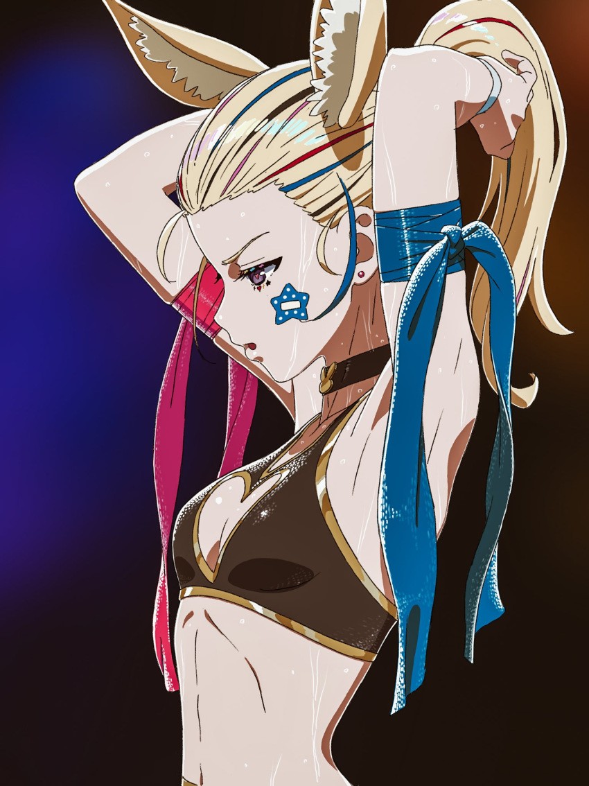 1girl alternate_costume animal_ear_fluff animal_ears armpits arms_behind_head bansei black_choker black_hair blonde_hair blue_hair bustier choker clothing_cutout earrings facial_mark fox_ears fox_girl from_side heart heart-shaped_pupils heart_cutout highres hololive jewelry long_hair multicolored_hair navel omaru_polka open_mouth pink_hair ponytail redhead solo stomach stud_earrings sweat symbol-shaped_pupils upper_body violet_eyes virtual_youtuber