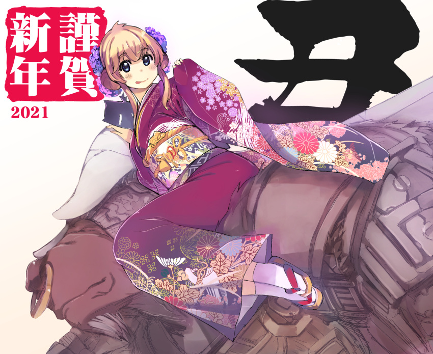 1girl 2021 alternate_costume armor bangs blacksmith_(ragnarok_online) blonde_hair blue_eyes blush brown_footwear closed_mouth commentary_request double_bun dutch_angle eyebrows_visible_through_hair floral_print flower full_body hair_flower hair_ornament highres horns japanese_clothes kimono licking_lips long_hair looking_at_viewer minotaur new_year nose_piercing nose_ring piercing purple_flower ragnarok_online sandals sidelocks simple_background sitting socks solo_focus tongue tongue_out white_background white_legwear xration yukata