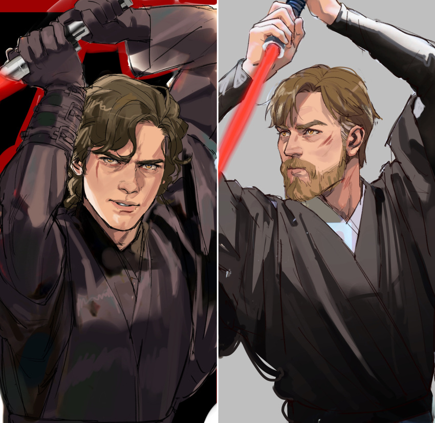 2boys absurdres anakin_skywalker arms_up bangs beard black_gloves brown_eyes brown_hair closed_mouth commentary dark_persona energy_sword english_commentary facial_hair gloves grey_robe highres holding holding_sword holding_weapon lightsaber lips long_sleeves looking_at_viewer looking_to_the_side male_focus mechanical_arm multiple_boys mustache obi-wan_kenobi parted_lips prosthesis prosthetic_arm robe scar scar_across_eye scar_on_face serious short_hair sith split_screen star_wars sword thisuserisalive upper_body weapon what_if