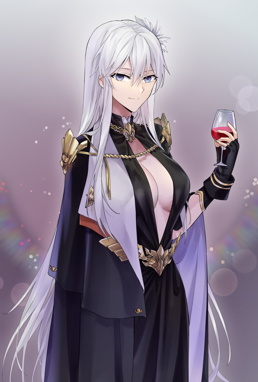 1girl absurdres alcohol azur_lane bangs black_dress black_gloves breasts center_opening coat coat_on_shoulders cup dress drinking_glass enterprise_(azur_lane) enterprise_(heroic_finery)_(azur_lane) evening_gown fingerless_gloves gloves gold hair_between_eyes highres large_breasts light_smile long_dress long_hair looking_at_viewer sash silver_hair solo suprii very_long_hair violet_eyes wine wine_glass