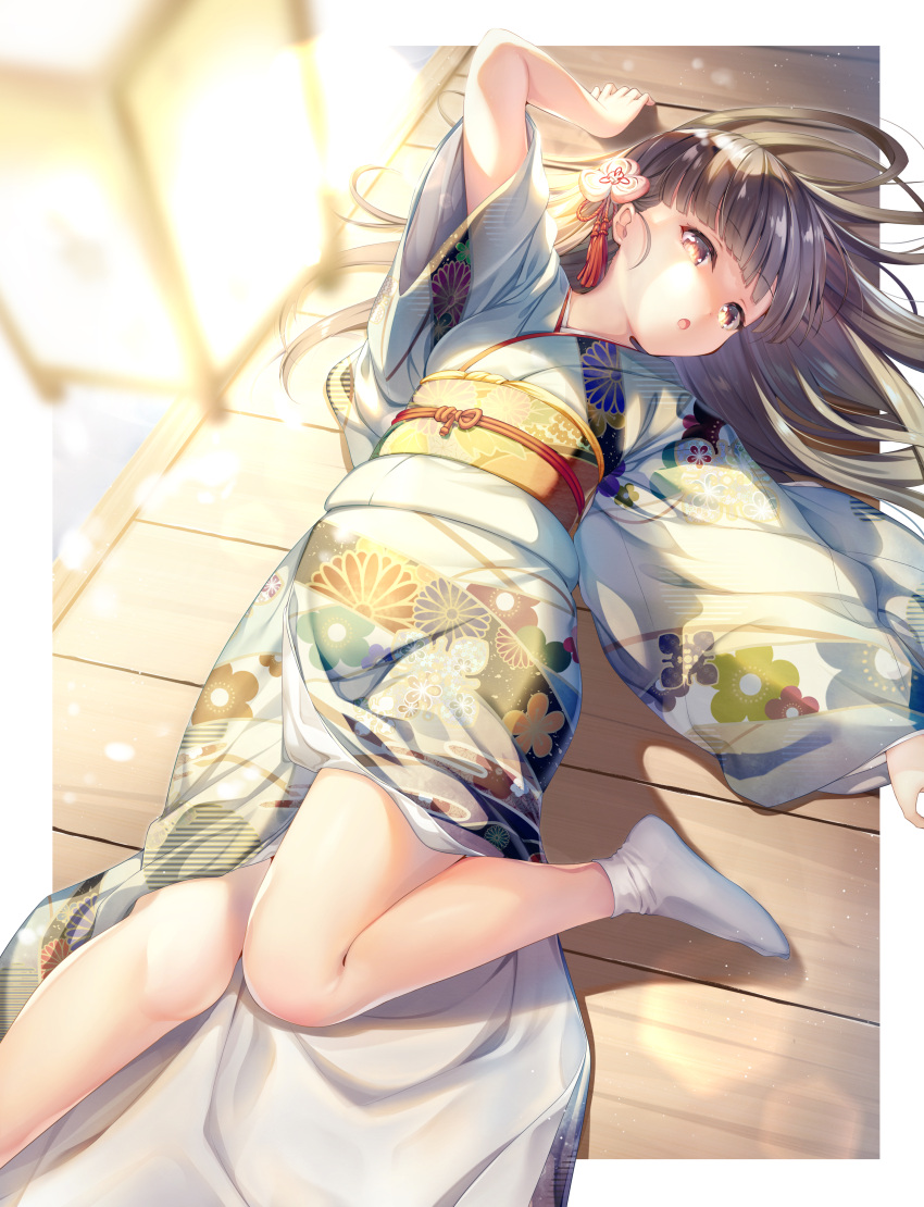 1girl :o absurdres arm_up bangs black_hair blurry blurry_foreground brown_eyes commentary_request depth_of_field eyebrows_visible_through_hair feet_out_of_frame floral_print hair_ornament highres japanese_clothes kimono lantern long_hair long_sleeves looking_at_viewer lying nametakenoko no_shoes obi on_back open_mouth original print_kimono sash sleeves_past_wrists socks solo tabi white_kimono white_legwear wide_sleeves