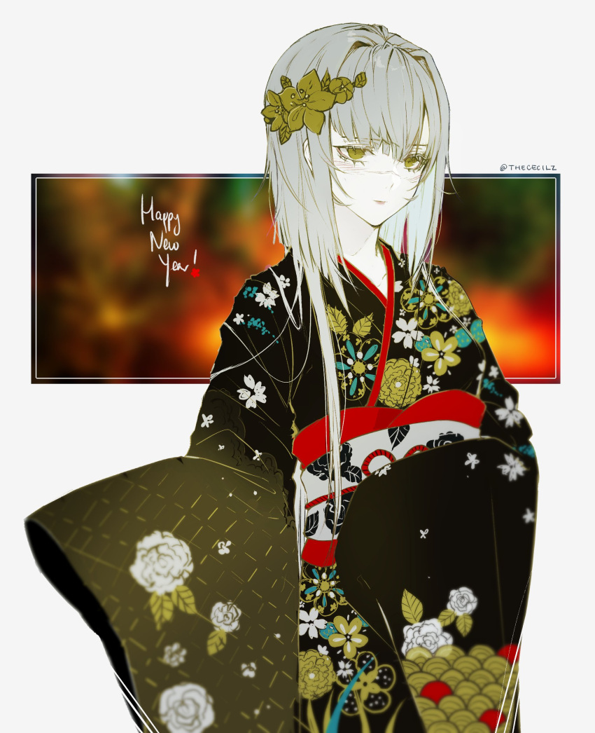 1girl alternate_costume android artist_name bangs english_commentary eyebrows_visible_through_hair flower grey_hair hair_flower hair_ornament happy_new_year highres indie_virtual_youtuber japanese_clothes kimono light_smile looking_at_viewer new_year obi sash sleeves_past_fingers sleeves_past_wrists solo the_cecile the_cecile_(vtuber) virtual_youtuber wide_sleeves yellow_eyes yukata