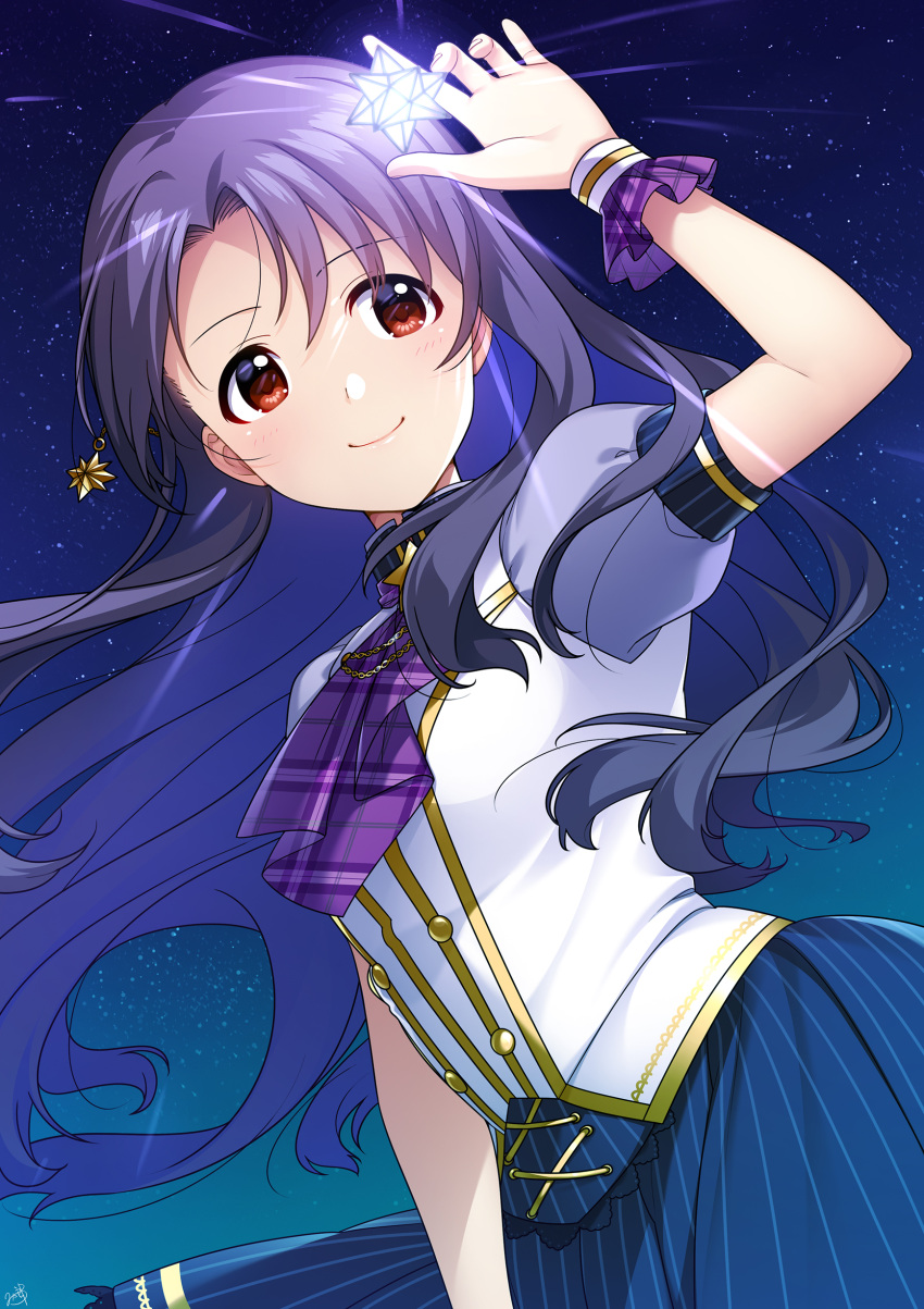 1girl absurdres blouse blue_skirt commentary_request dutch_angle hair_ornament highres idolmaster idolmaster_million_live! long_hair mikapoe night night_sky puffy_short_sleeves puffy_sleeves purple_hair purple_neckwear red_eyes short_sleeves skirt sky smile solo star_(sky) star_(symbol) star_hair_ornament starry_sky takayama_sayoko white_blouse wrist_cuffs