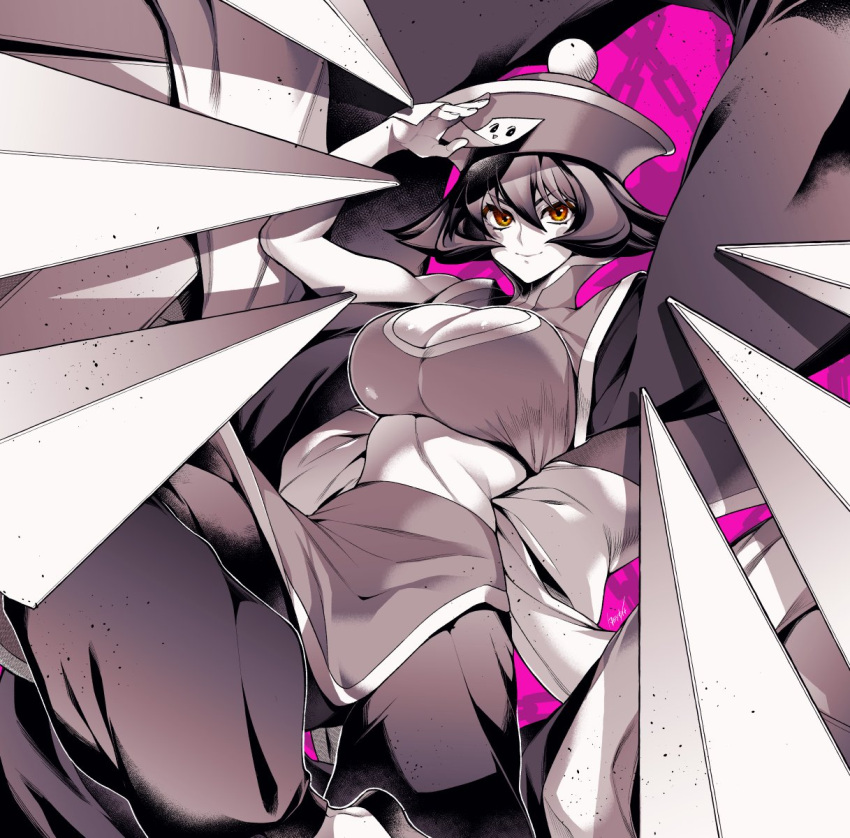 1girl arm_up breasts chain cleavage_cutout clothing_cutout flipped_hair greyscale hair_between_eyes hat highres jiangshi large_breasts lei_lei monochrome ofuda purple_background qing_guanmao shadow solo spot_color takatsuki_ichi vampire_(game) yellow_eyes