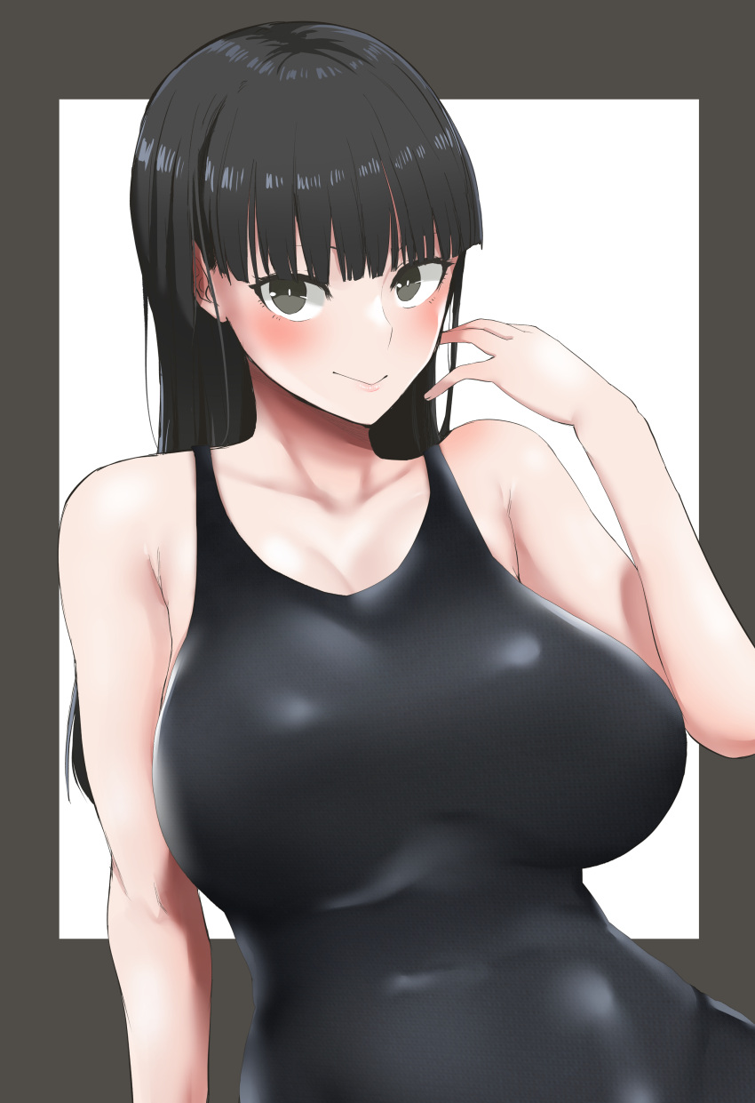 1girl absurdres amagami ayatsuji_tsukasa bangs bare_shoulders black_eyes black_hair black_swimsuit blush breasts highres long_hair looking_at_viewer megao_3rd one-piece_swimsuit solo swimsuit