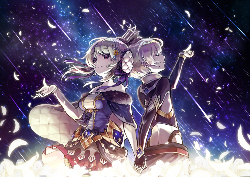 1boy 1girl arm_up back-to-back bare_shoulders blonde_hair closed_eyes closed_mouth crown eyebrows_visible_through_hair fantasy flower glowing glowing_flower hair_ornament hairpin holding holding_hands natsutomoki open_hand original outdoors petals shooting_star short_hair siblings sky smile star_(sky) starry_sky twins violet_eyes white_flower