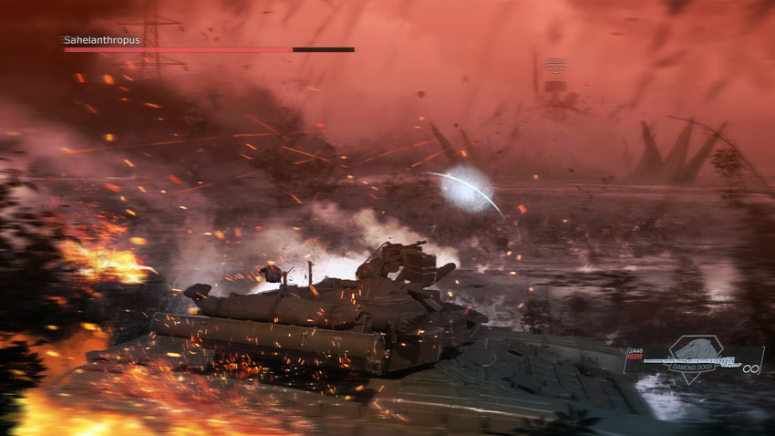 battle commentary_request english_commentary english_text fire gameplay_mechanics ground_vehicle mecha metal_gear_(series) metal_gear_solid_v military military_vehicle motor_vehicle no_humans original scenery shuten_(project_sky) sky t-64 tank tree utility_pole