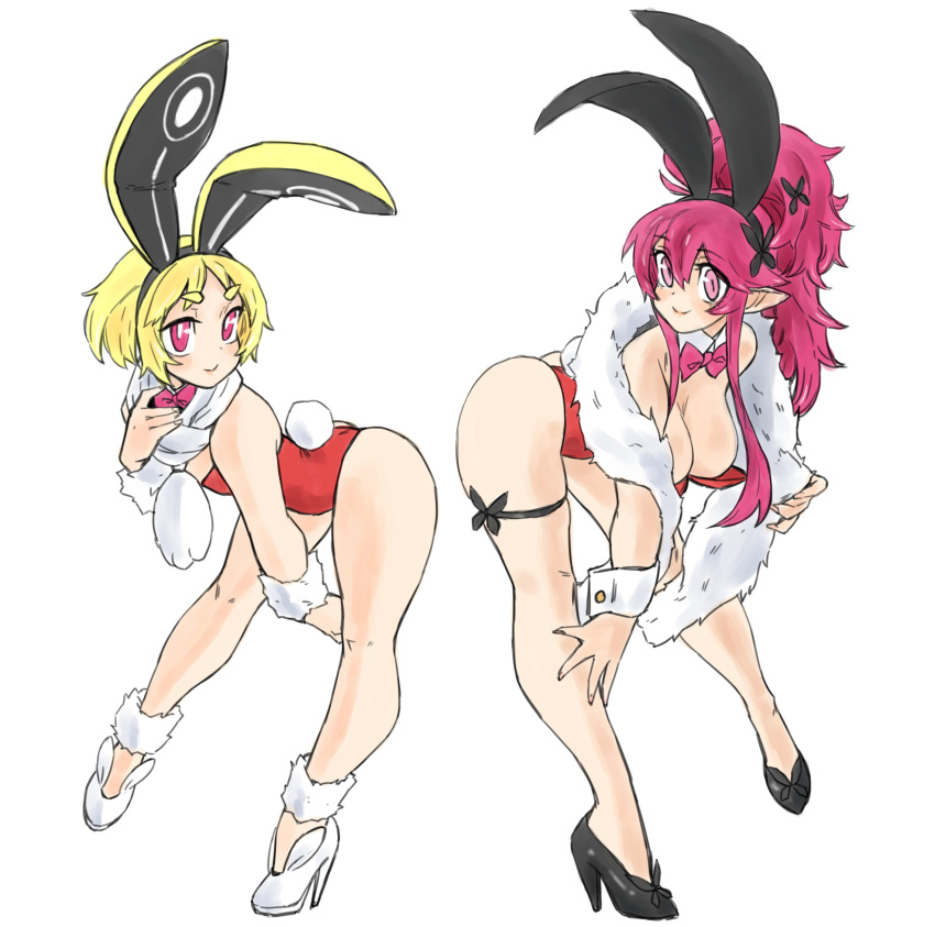 2girls absurdres animal_ears asimatosinosin bare_legs black_footwear blonde_hair bow bowtie breasts bunny_tail detached_collar disgaea fake_animal_ears fake_tail feather_boa hair_ornament high_heels highres large_breasts leaning_forward leotard long_hair looking_at_viewer makai_senki_disgaea_5 multiple_girls pink_bow pink_eyes pink_hair pink_neckwear playboy_bunny pointy_ears ponytail rabbit_ears red_leotard seraphina_(disgaea) short_hair simple_background small_breasts smile strapless strapless_leotard tail usalia_(disgaea) white_background white_footwear wrist_cuffs x_hair_ornament