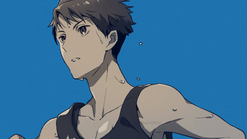 1boy bangs blue_background collarbone commentary from_side greyscale haiji_kiyose highres kaze_ga_tsuyoku_fuiteiru looking_to_the_side male_focus monochrome pectorals running sayshownen shirt short_hair simple_background sleeveless sleeveless_shirt solo sweat toned toned_male twitter_username upper_body watermark