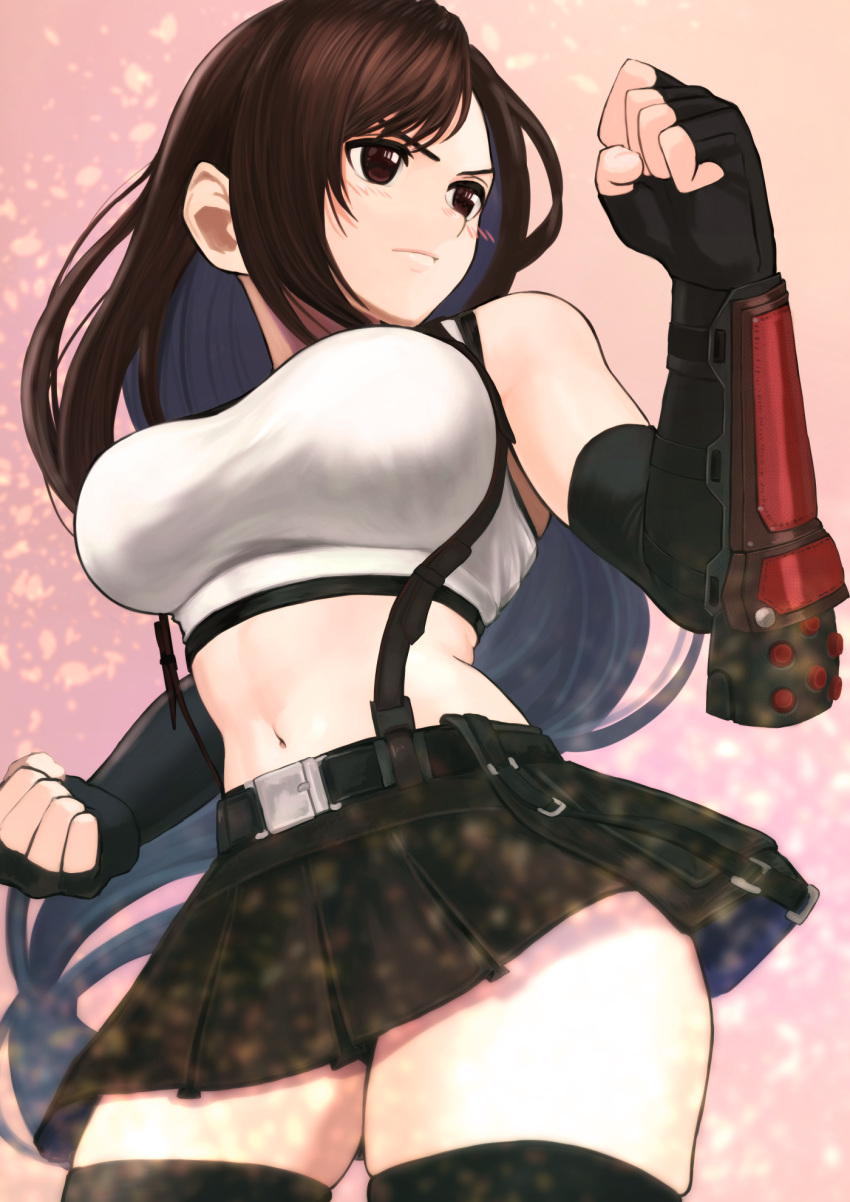 1girl bangs belt belt_buckle black_gloves black_legwear black_skirt breasts brown_hair buckle clenched_hands closed_mouth commentary_request cowboy_shot elbow_pads final_fantasy final_fantasy_vii fingerless_gloves gloves highres izawa_koushi large_breasts long_hair looking_away low-tied_long_hair midriff navel red_eyes serious shirt skindentation skirt suspender_skirt suspenders suspenders_gap tank_top taut_clothes taut_shirt thick_thighs thigh-highs thighs tifa_lockhart white_shirt white_tank_top zettai_ryouiki