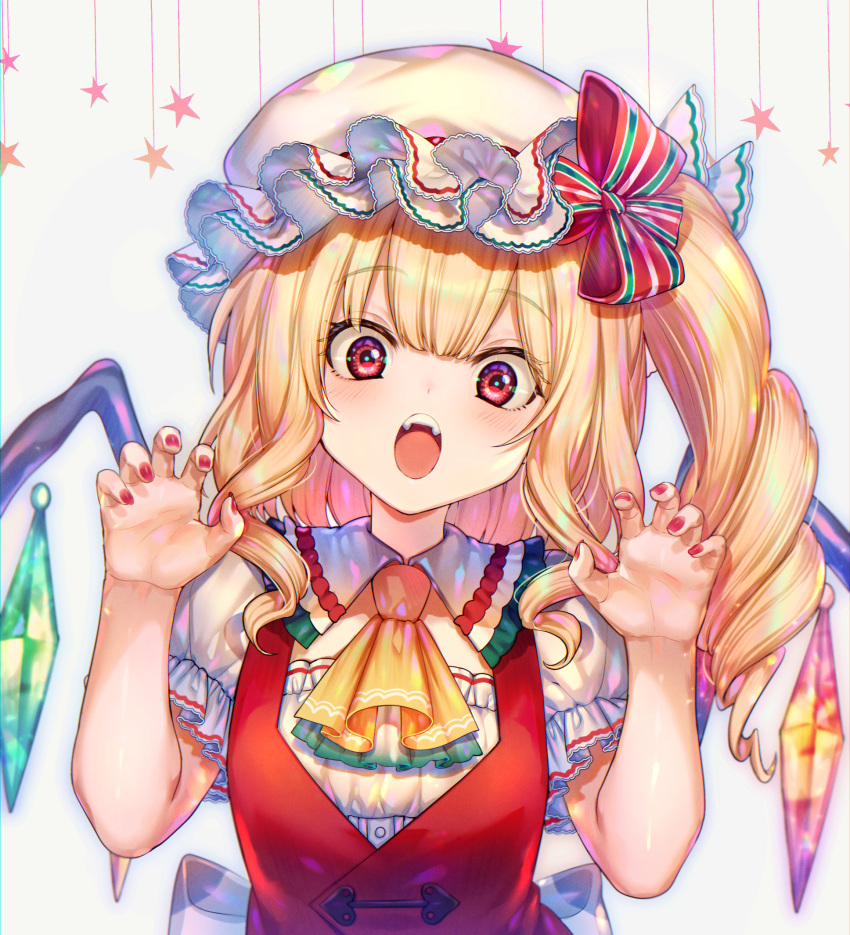 1girl ascot bangs blonde_hair blouse blush bow claw_pose cleavage_cutout clothing_cutout commentary crystal curly_hair embellished_costume flandre_scarlet frilled_hat frilled_neckwear frilled_shirt_collar frilled_sleeves frills hair_ribbon hand_up hat here_(hr_rz_ggg) highres juliet_sleeves long_sleeves looking_at_viewer medium_hair multicolored multicolored_ribbon nail_polish open_mouth ponytail puffy_sleeves raised_eyebrows red_eyes red_nails red_ribbon red_vest ribbon sash shirt side_ponytail sidelocks simple_background solo star_(symbol) symbol_commentary touhou vest white_background white_blouse white_bow white_sash white_shirt wings yellow_neckwear