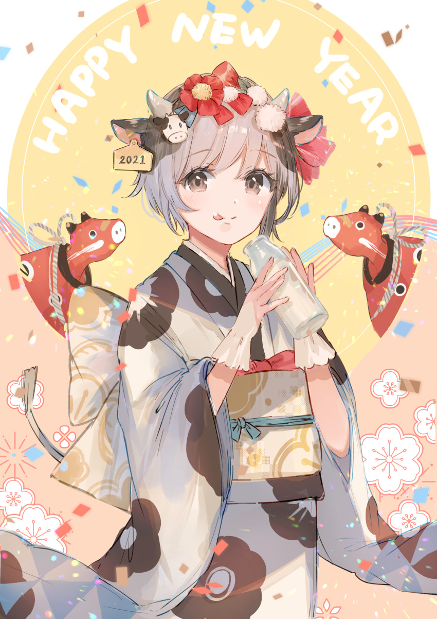 1girl absurdres animal_ears blush bob_cut bow brown_eyes cow cow_ears cow_girl ear_piercing eyebrows_visible_through_hair gloves hair_between_eyes hair_bow hair_ornament hair_ribbon happy_new_year highres horns japanese_clothes kimono looking_at_viewer milk mochitsuki_usa multicolored_hair new_year original piercing ribbon short_hair sidelocks solo standing tail tongue tongue_out white_gloves