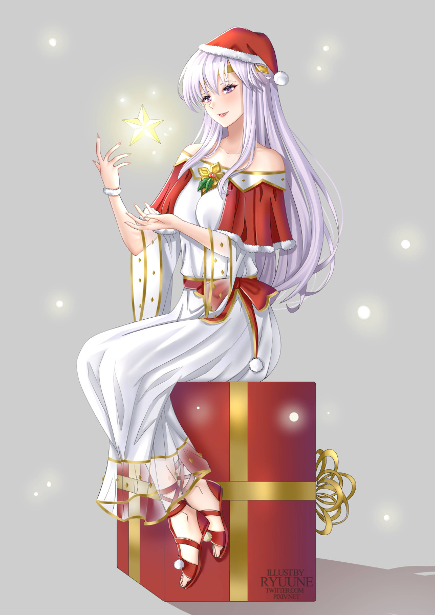 1girl absurdres adapted_costume bare_shoulders box circlet collarbone commission dress fire_emblem fire_emblem:_genealogy_of_the_holy_war gift gift_box grey_background hat highres julia_(fire_emblem) long_hair merry_christmas red_footwear ryuuneart santa_hat short_sleeves silver_hair simple_background sitting sitting_on_box smile solo star_(symbol) violet_eyes white_dress