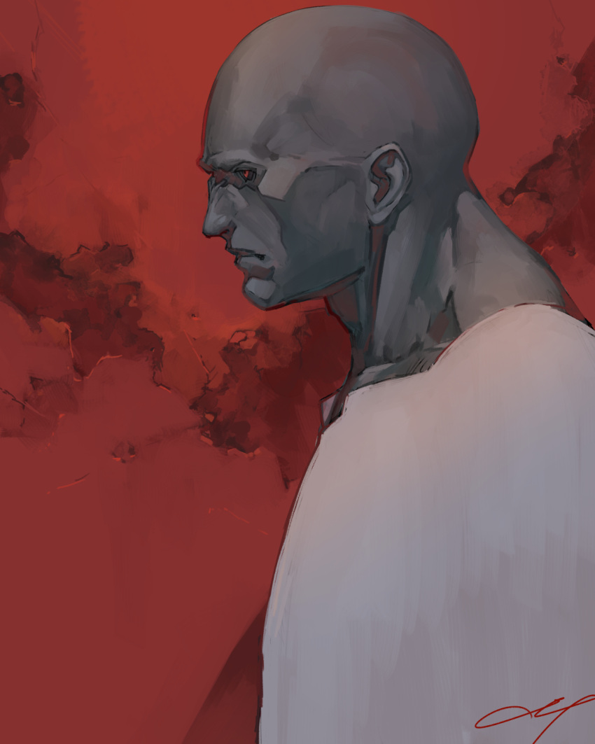 1boy aureolin31 bald black_sclera closed colored_sclera colored_skin crack cracked_wall grey_skin highres male_focus original profile red_eyes red_theme signature sketch solo