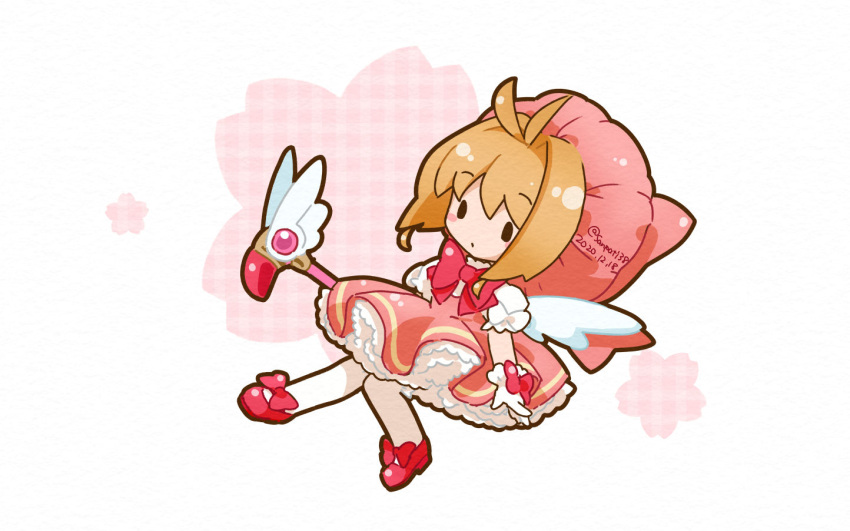 1girl blush_stickers bow bowtie brown_hair cardcaptor_sakura cherry_blossoms chibi commentary dated dress floral_background frilled_dress frills fuuin_no_tsue gloves holding holding_wand hood kinomoto_sakura puffy_short_sleeves puffy_sleeves red_dress red_footwear red_hood red_neckwear sangatsu_youka shoe_ribbon short_sleeves solid_oval_eyes solo traditional_media twitter_username wand white_background white_gloves wings