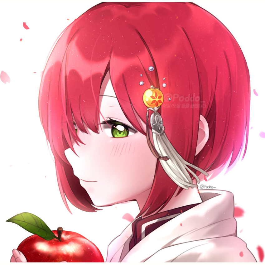 1girl akagami_no_shirayukihime bangs blush border closed_mouth commentary_request face food from_side fruit green_eyes hair_ornament hand_up highres holding holding_food holding_fruit long_sleeves looking_at_viewer petals poddo_(potto) red_apple redhead shirayuki_(akagami_no_shirayukihime) short_hair smile solo twitter_username watermark white_background white_border