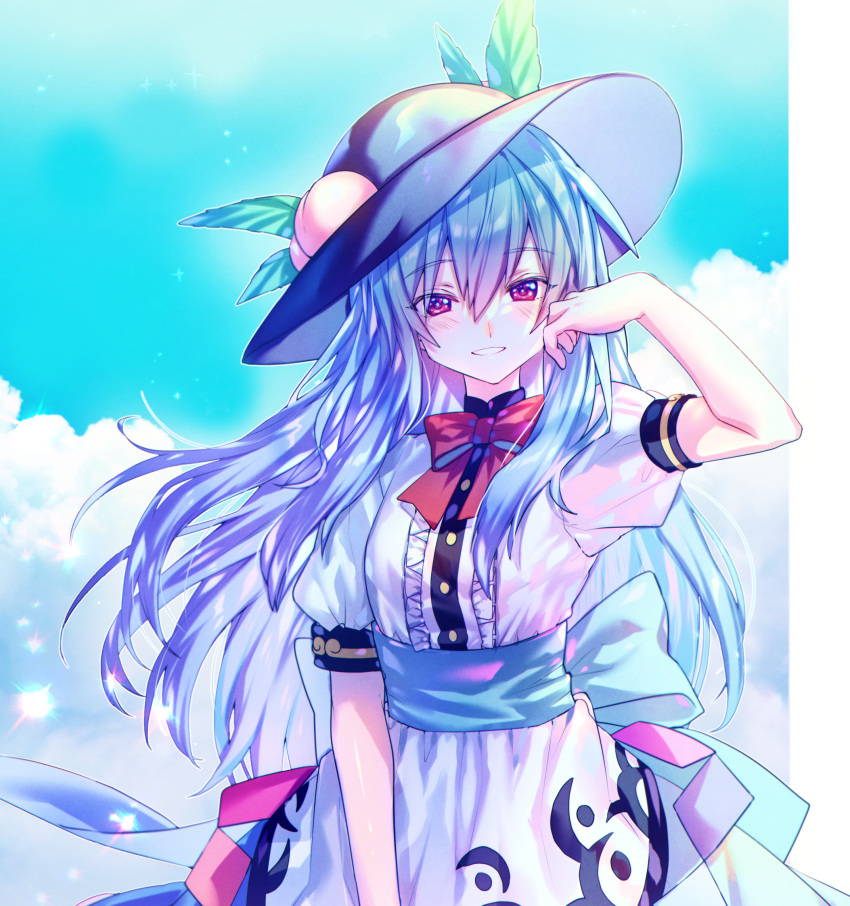 1girl arm_up black_headwear blue_bow blue_hair blue_sash blue_skirt blush bow bowtie breasts buttons clouds cowboy_shot day eyebrows_visible_through_hair food frills fruit hair_between_eyes hand_on_own_cheek hand_on_own_face here_(hr_rz_ggg) highres hinanawi_tenshi long_hair looking_at_viewer parted_lips peach puffy_short_sleeves puffy_sleeves red_bow red_eyes red_neckwear sash shirt short_sleeves skirt sky small_breasts smile solo sparkle standing touhou very_long_hair white_shirt