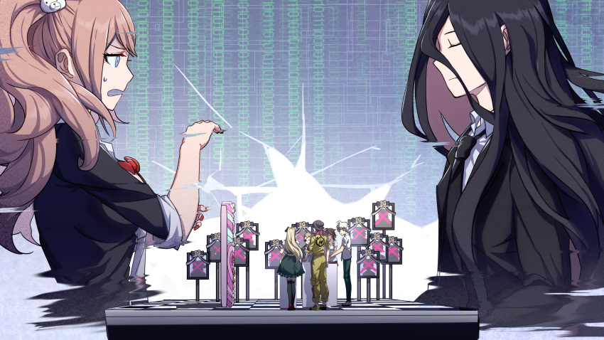 3boys 3girls absurdres ahoge bangs bear_hair_ornament black_eyepatch black_hair black_jacket black_neckwear blonde_hair bow brown_hair closed_eyes commentary_request cropped_torso dangan_ronpa:_trigger_happy_havoc dangan_ronpa_(series) dangan_ronpa_2:_goodbye_despair enoshima_junko facing_another formal from_side hair_between_eyes hair_ornament hands_up highres hinata_hajime hinata_hajime_(awakened) huge_filesize iei jacket kamukura_izuru kuzuryuu_fuyuhiko long_hair long_sleeves multiple_boys multiple_girls necktie open_mouth owari_akane pink_hair profile red_bow red_eyes shirt short_hair sonia_nevermind souda_kazuichi spoilers sweatdrop upper_body white_hair white_shirt ziling