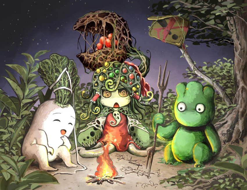 akurahi bush campfire carving commentary_request cookie_(touhou) daikon dress fire full_body hair_tubes hakurei_reimu krino_sandra mandrake night no_humans no_mouth open_mouth outdoors plant plant_hair red_dress reu_daikon road_sign sakenomi_(cookie) sign sitting sky spiral_eyes star_(sky) starry_sky touhou tree triangle_mouth valkyrie_no_densetsu warning_sign yellow_eyes