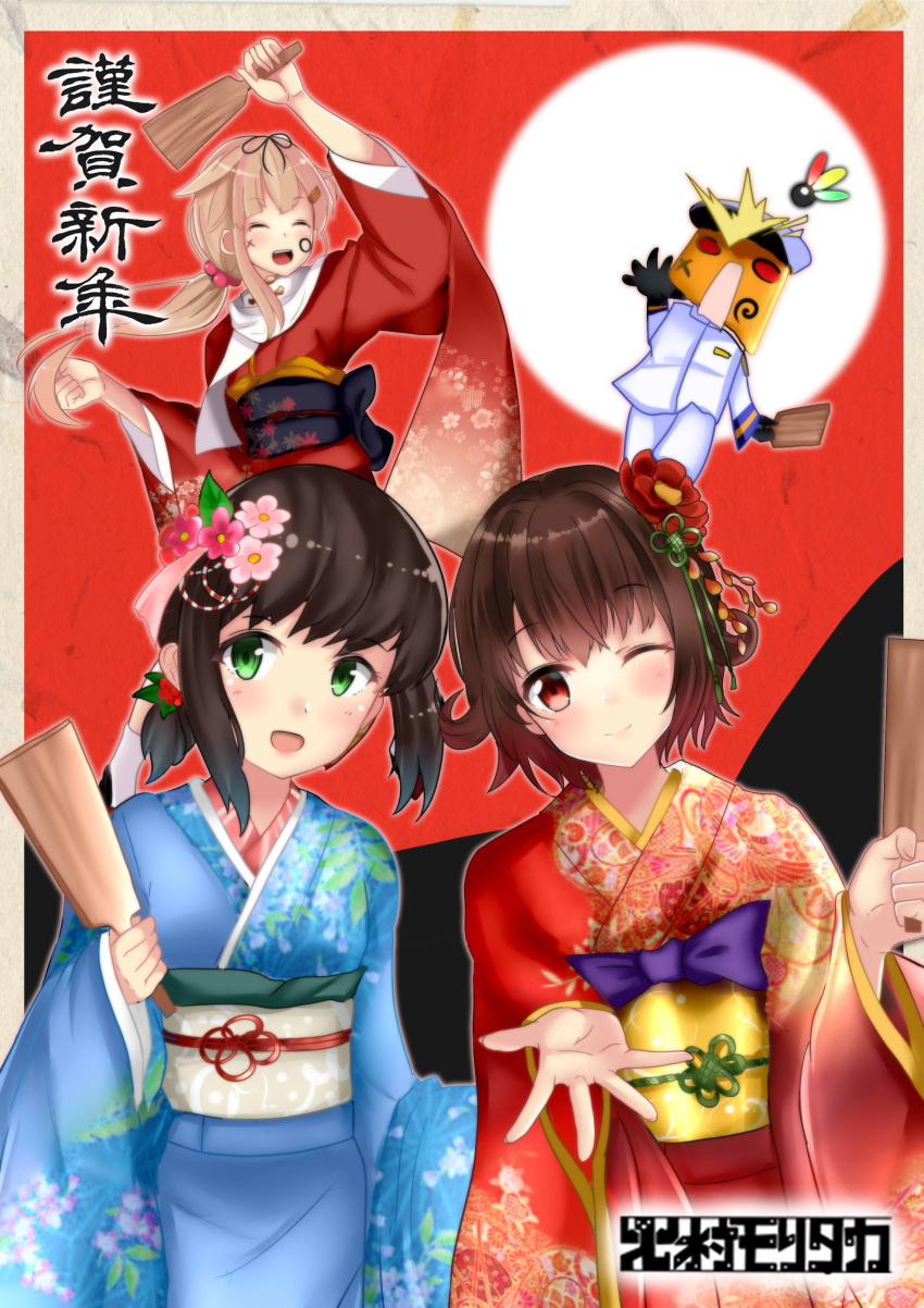 1boy 3girls absurdres admiral_(kantai_collection) alternate_costume black_hair blue_kimono brown_hair commentary_request cowboy_shot face_painting fire_maxs flower fubuki_(kantai_collection) gradient_hair green_eyes hagoita hair_flaps hair_flower hair_ornament hanetsuki highres japanese_clothes kantai_collection kimono long_hair looking_at_viewer low_ponytail multicolored_hair multiple_girls mutsuki_(kantai_collection) one_eye_closed paddle ponytail red_eyes red_kimono redhead remodel_(kantai_collection) scarf short_hair short_ponytail sidelocks white_scarf yuudachi_(kantai_collection)