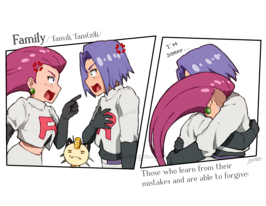 1boy 1girl arguing cruz02art gen_1_pokemon highres hug james_(pokemon) jessie_(pokemon) meowth pokemon pokemon_(anime) pokemon_(creature) team_rocket