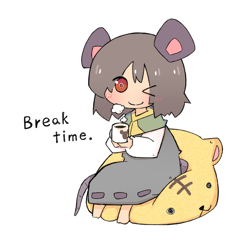 amakaeru animal_ears bean_bag_chair blush brown_eyes cup grey_hair mug nazrin one_eye_closed smile steam tail touhou