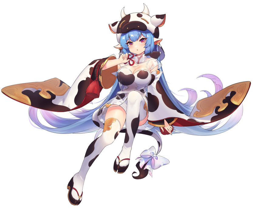 1girl animal_costume animal_ears animal_print blue_hair blush breasts cow_costume cow_ears cow_girl cow_hood cow_horns cow_print cow_tail draph ear_piercing eyebrows_visible_through_hair granblue_fantasy highres horns large_breasts looking_at_viewer micro_shorts open_mouth piercing print_legwear red_eyes ribbon sandals sharlorc shatola_(granblue_fantasy) sheer_clothes shorts sitting solo tail tail_ornament tail_ribbon thick_eyebrows thigh-highs white_legwear white_shorts wide_sleeves