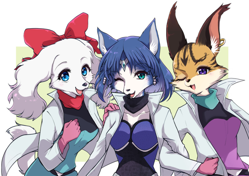 3girls :3 animal_ears aqua_eyes bangs belt blue_bodysuit blue_eyes blue_hair blue_pants blue_shirt bodysuit bow cat_ears cat_girl circlet cleavage_cutout clenched_hand clothing_cutout collarbone commentary_request crystal dog_ears dog_girl dog_tail eyebrows_visible_through_hair fay_spaniel fox_ears fox_girl furry gloves hair_bow hair_tubes hand_on_another's_shoulder hands_up happy high_collar jacket jewelry krystal leaning_forward locked_arms long_sleeves looking_at_viewer miyu_lynx multicolored_shirt multiple_girls namagaki_yukina one_eye_closed open_clothes open_jacket open_mouth pants pink_gloves purple_shirt red_bow sapphire_(gemstone) shiny shiny_hair shirt short_hair simple_background single_earring smile standing star_fox tail two-tone_background upper_body white_background white_jacket