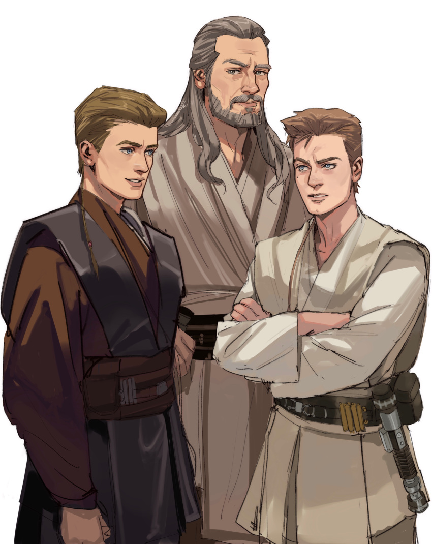 3boys absurdres anakin_skywalker beard belt blue_eyes braid brown_hair brown_robe brown_sash closed_mouth commentary crossed_arms energy_sword english_commentary eye_contact facial_hair frown grey_eyes grey_hair grey_robe highres lightsaber lips long_hair looking_at_another looking_at_viewer male_focus mole mole_under_eye multiple_boys mustache obi-wan_kenobi parted_lips qui-gon_jinn robe sash short_hair simple_background single_braid sketch smile standing star_wars sword thisuserisalive time_paradox weapon what_if white_background white_robe younger