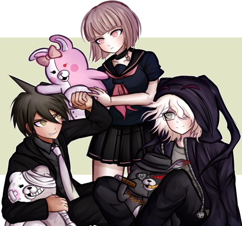 1girl 2boys ahoge alternate_costume alternate_hairstyle bandages bandaid bandaid_on_face bangs black_choker black_headwear black_jacket black_skirt breasts brown_eyes brown_hair choker cigar collarbone commentary crossed_arms dangan_ronpa_(series) dangan_ronpa_2:_goodbye_despair glasses grey_shirt hair_over_one_eye hat hinata_hajime hood hood_up hooded_jacket jacket komaeda_nagito kurokku-tokei large_breasts light_brown_hair looking_at_another monokuma monomi_(dangan_ronpa) multiple_boys nanami_chiaki neckerchief necktie official_style pleated_skirt pout sailor_collar shirt short_hair sitting skirt smile standing