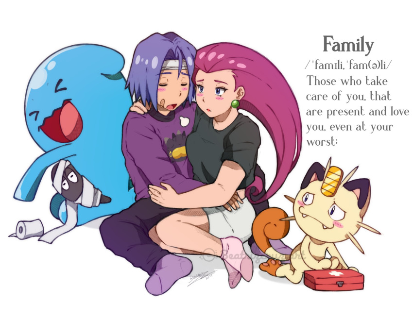 1boy 1girl blush cruz02art gen_1_pokemon gen_2_pokemon highres hurt james_(pokemon) jessie_(pokemon) meowth pokemon pokemon_(anime) pokemon_(creature) team_rocket wobbuffet